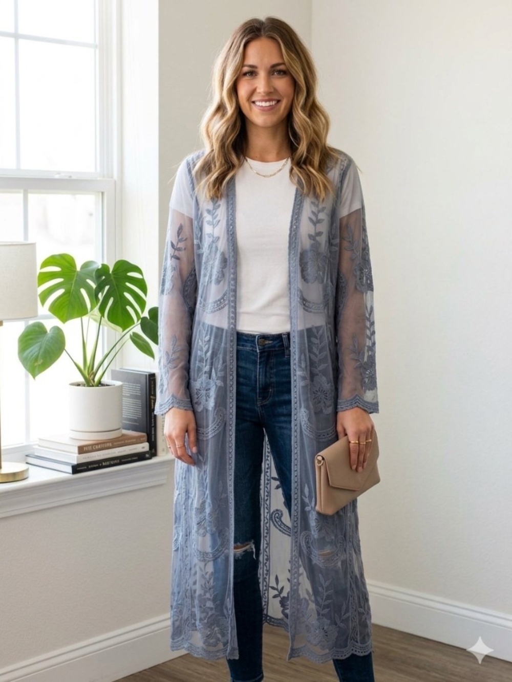 Honey Punch Dusty Blue Embroidered Sheer Duster